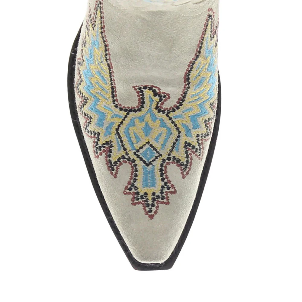 Taupe Vegan Suede Embroidered Wing Mid Calf Cowboy Boots for Women