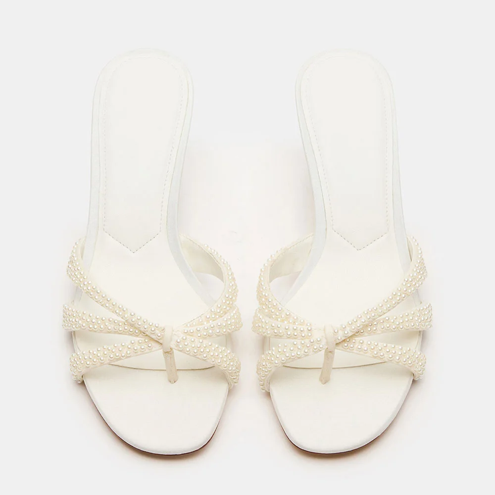 White Open Toe Pearl Decor Strap Slide Sandals with Spool Heel