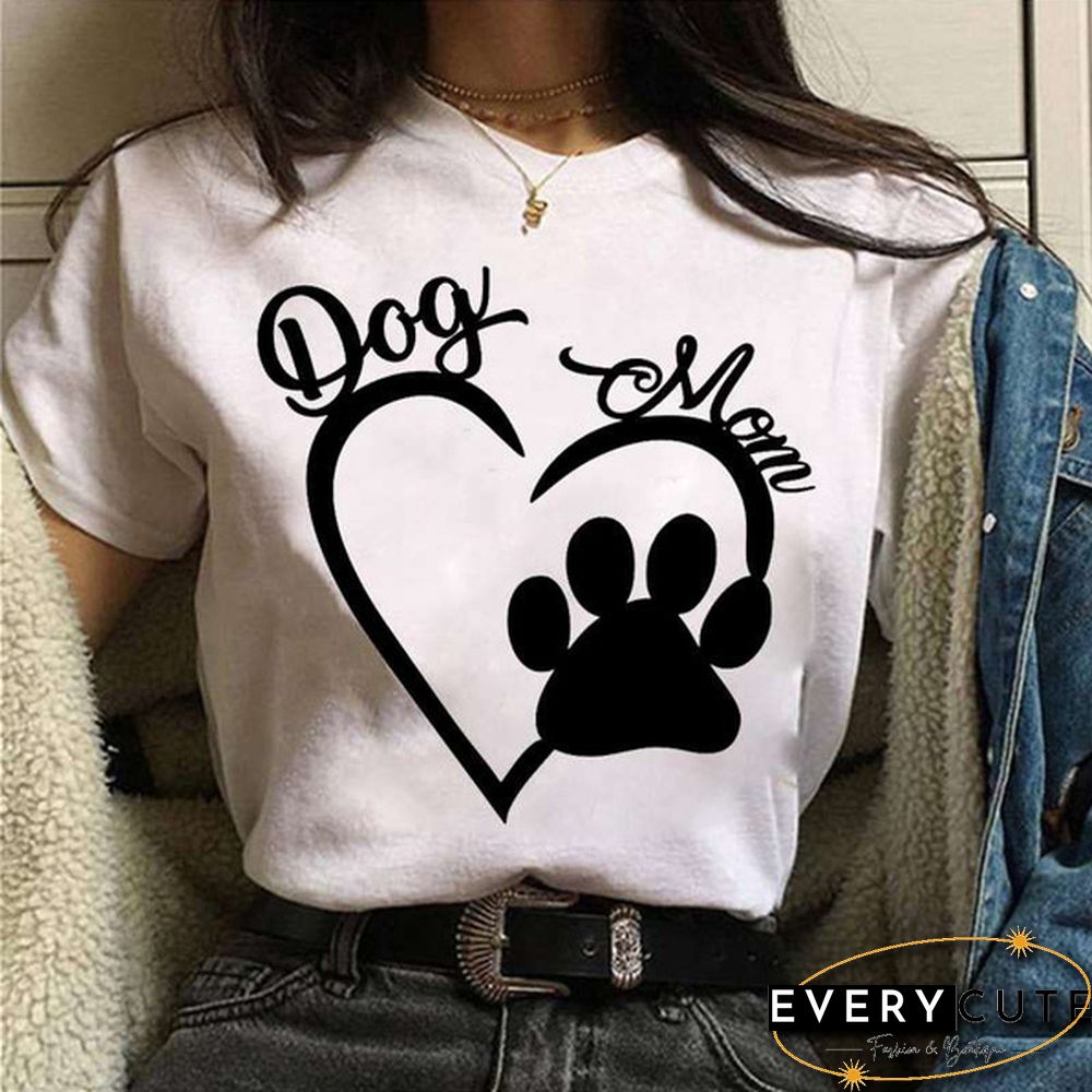 Cool Dog Mom And Heart Print T-shirt For Women Summer Fashion Casual T-shirts Short Sleeve Creative Personalized Tops