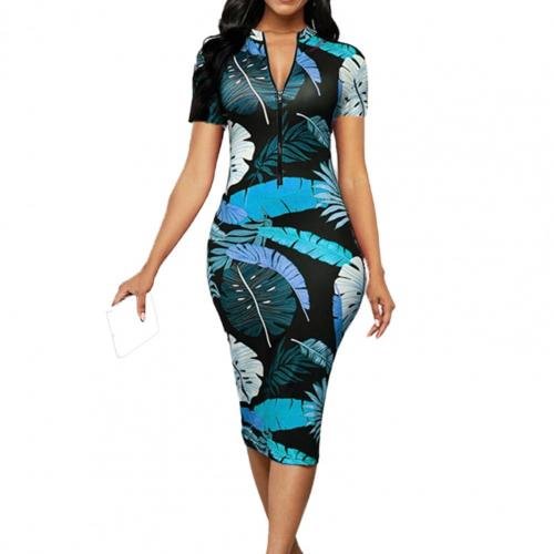 Summer Dress for Women Elegant Vintage Printing Deep V Neck Polyester Short Sleeve Slim Ladies Bodycon Midi Dresses