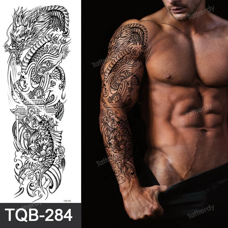 Totem Tribal Dragon Dragon Wolf Temporary Tattoos Full Arm Sleeve Large Body Art Painting Men Adult Sexy Tattoo Waterproof Black