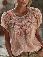 Women's Floral Embroidered Art Flowy Linen Blend Short Sleeve Casual Tops