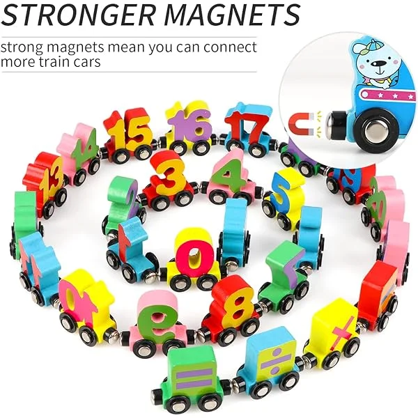 Wooden Alphabet Train Toy 27 PCS Magnetic Alphabet ABC Set Includes 1 Engine and 1 Storage Box Letter Cars for Toddlers Kids Boys and Girls, Compatible with Tracks