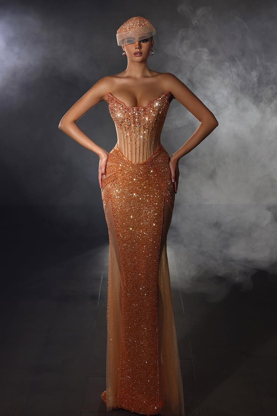 Bellasprom Orange Sweetheart Sleeveless Mermaid Prom Dress With Crystals Beadings Sequins Long Bellasprom