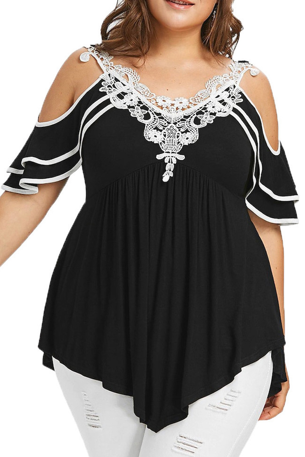 Plus Size Everyday Black Cold Shoulder Lace Trim Ruffle Asymmetrical Hem Blouse 2024 - Flycurvy 