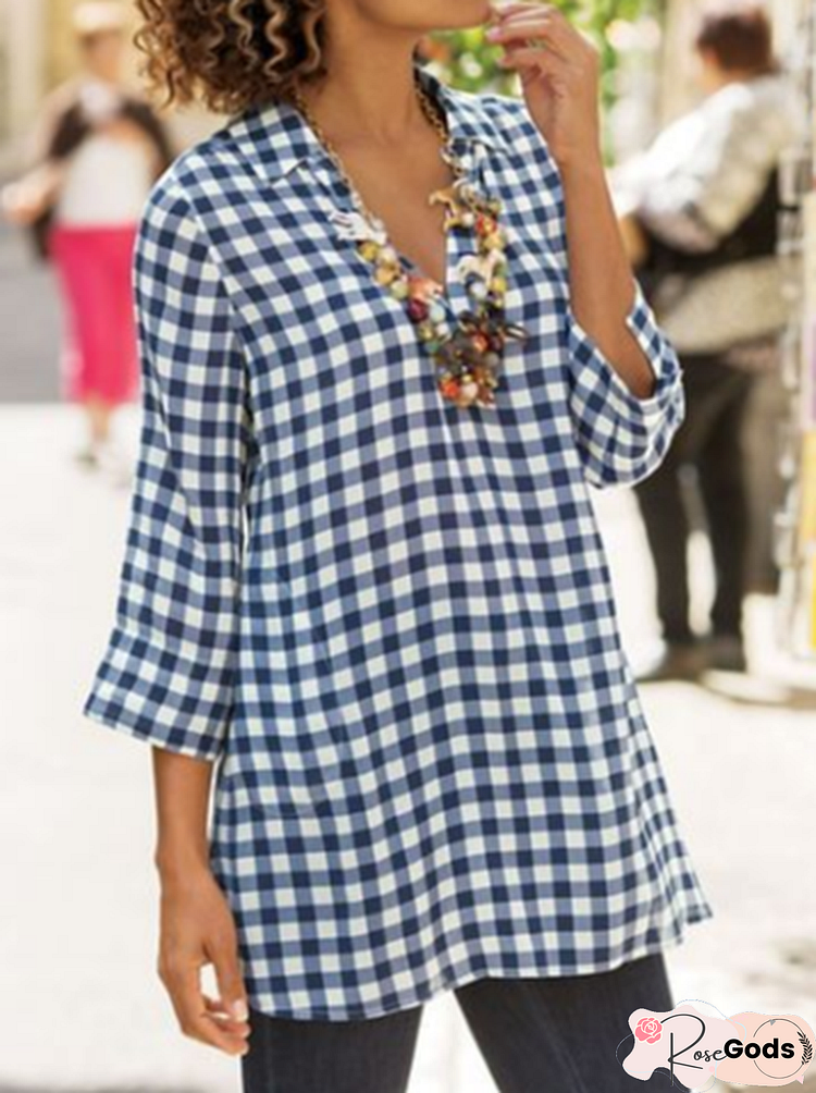 Plaid V Neck Loose Casual Blouse