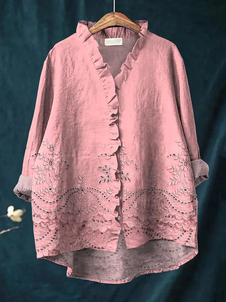 Women's Vintage Floral Art Print Casual Cotton And Linen Ruffle Shirt