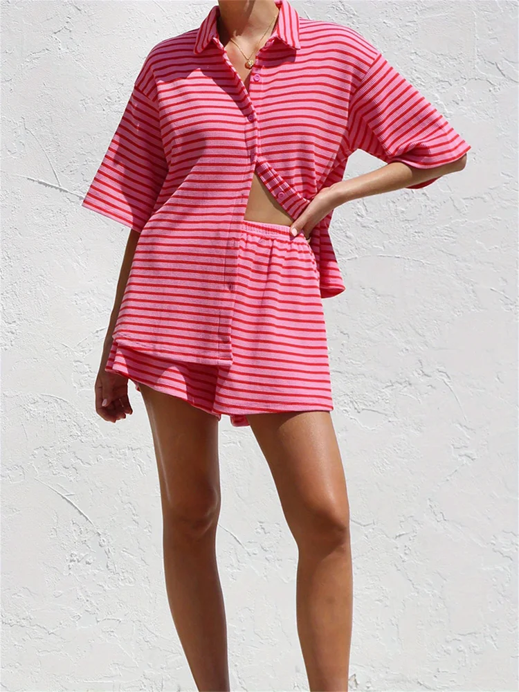 Women's Casual Style Striped Lapel Short Sleeved Shirt Two-Piece Set