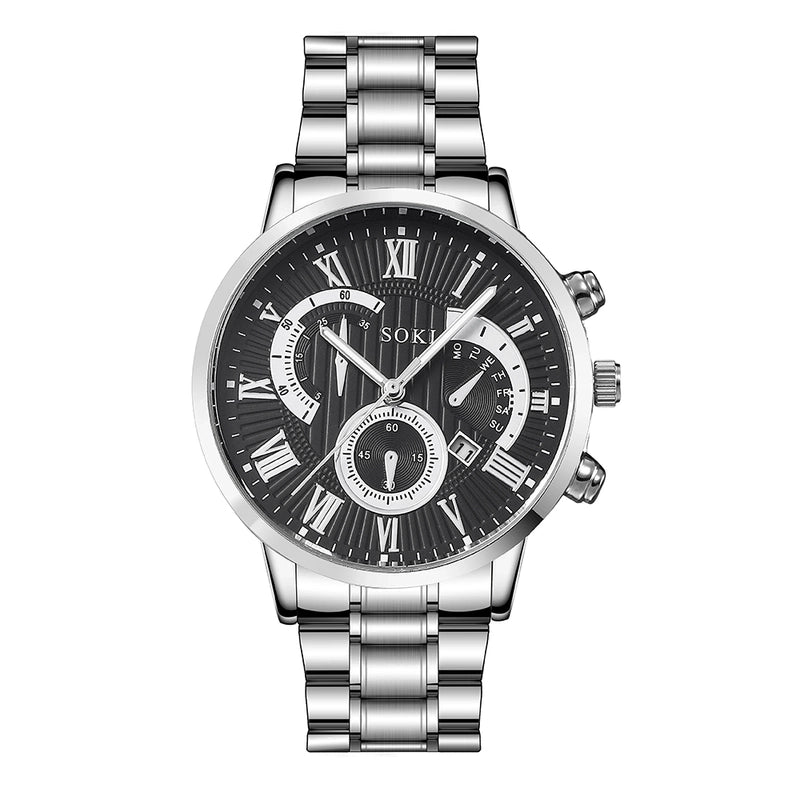 Men’s Suit Business Fashion Outdoor Roman Surface Steel Belt Quartz Watch Chain Bracelet Set