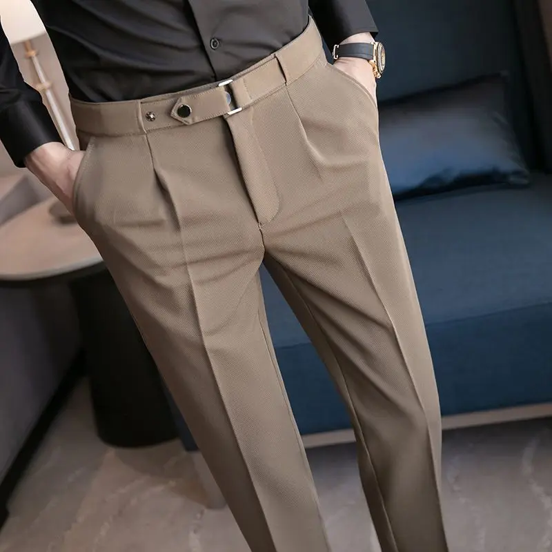Men's Summer Pants Slim Fit 9 Cropped Business Straight Elastic Social Tailoring Male Suit Trousers Tressed Stretch Formal Cheap | Mayfirstaudio