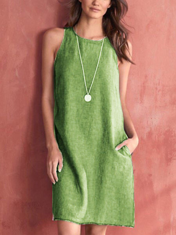 Mature Women's Woven Casual Cotton And Linen Comfortable Round Neck Sleeveless Dress