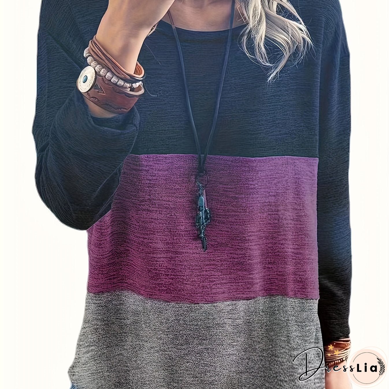 Plus Size Casual Top, Women's Plus Colorblock Long Sleeve Round Neck Medium Stretch Top