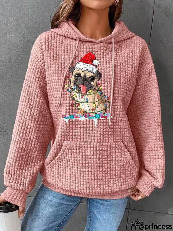 Female Waffle Leisure Cute Pug Print Long Sleeve Hoodies