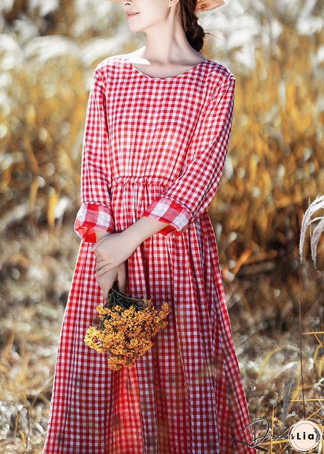 New Red O Neck Plaid Cinched Cotton Long Dresses Fall