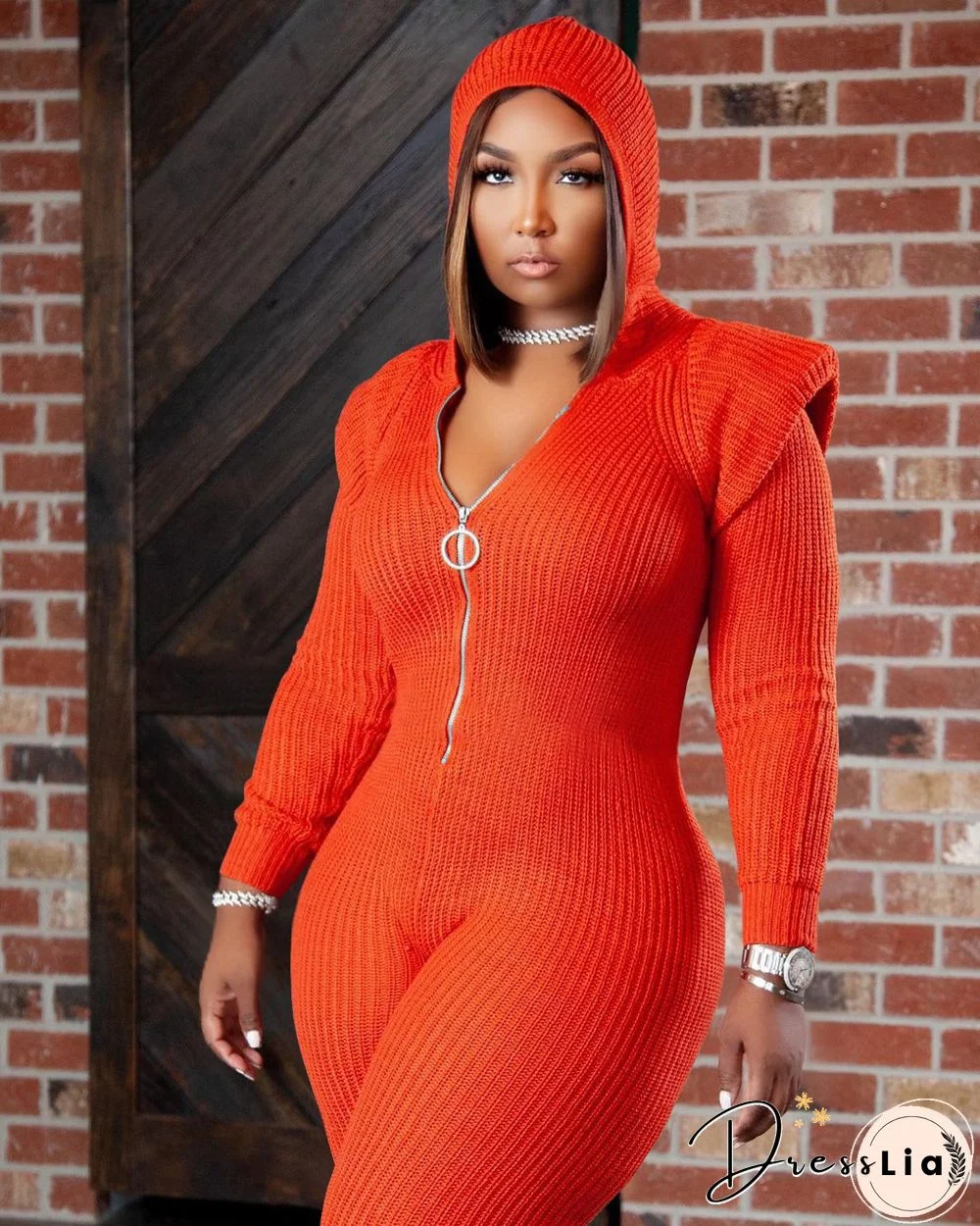 Knitted Long Sleeve Shoulder Padded Hooded Jumpsuit