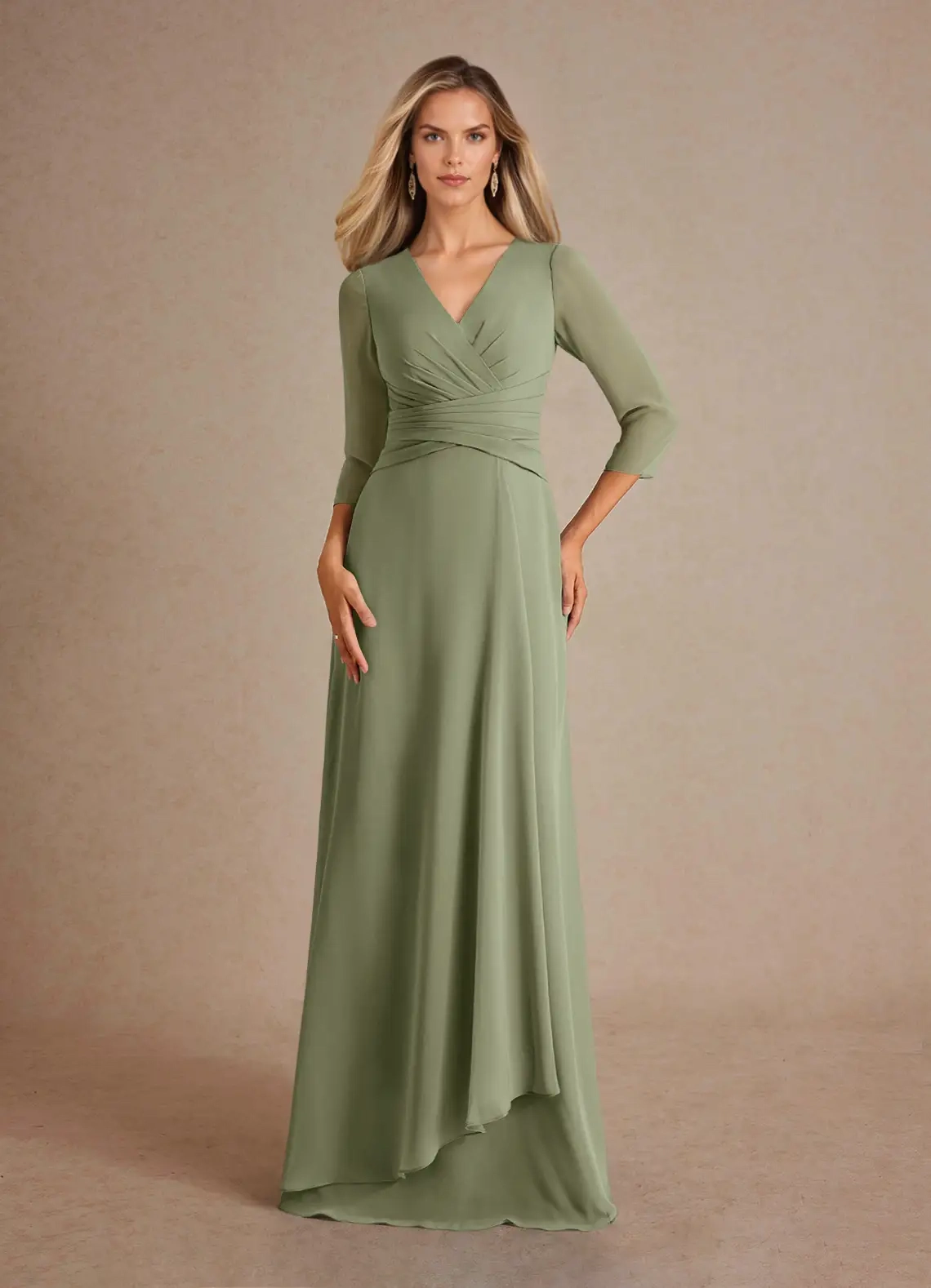 Lussooy Elegant Chiffon Long Sleeves V Neck Floor Length Mother of The Bride Dress 