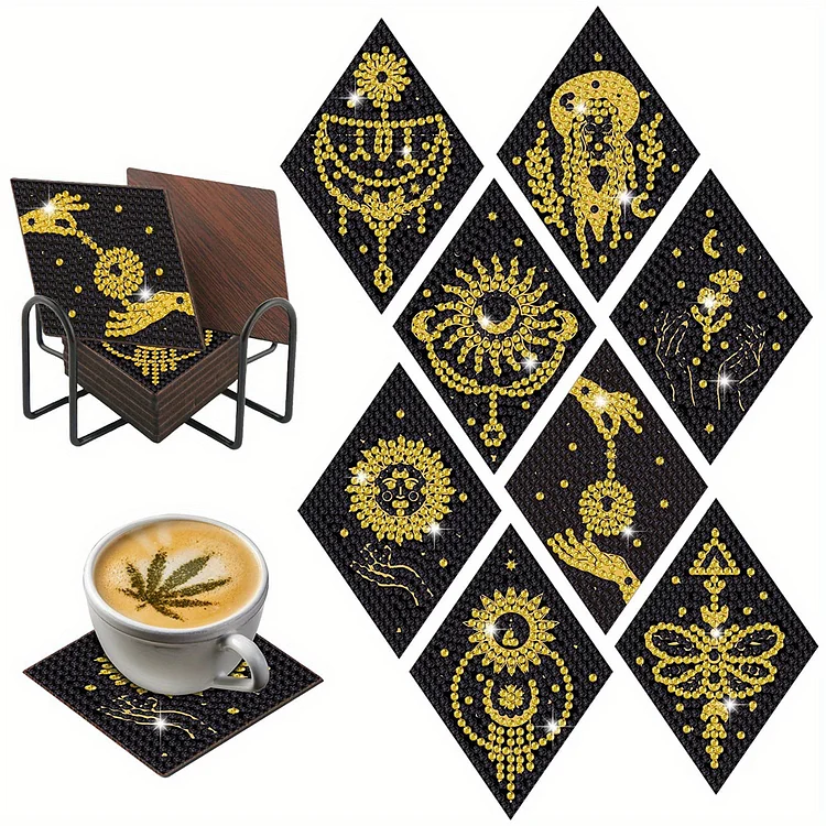 8 PCS Acrylic Black Gold Pattern Diamond Painting Coasters for Adults Beginner