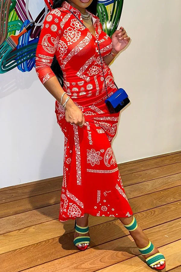 Paisley Print Lapel Bohemia Maxi Dress