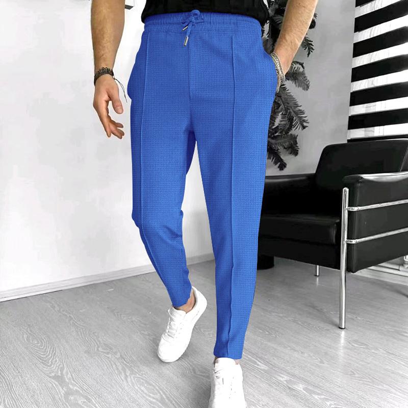 Men Stretch Solid Color Elastic Waist Waffle Drawstring Pants Sports Business Trousers Fashion