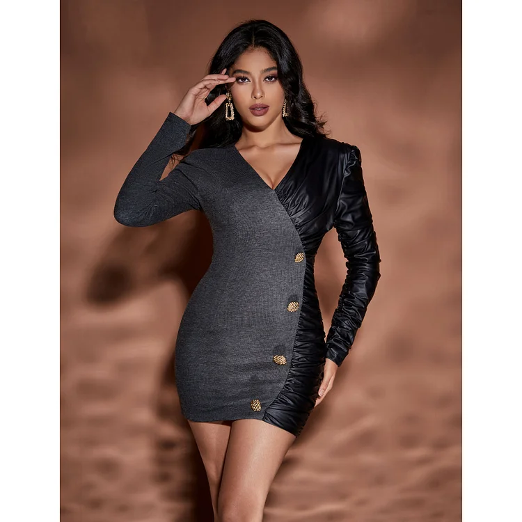 Long-sleeved  V Neck Leather Bodycon Dress