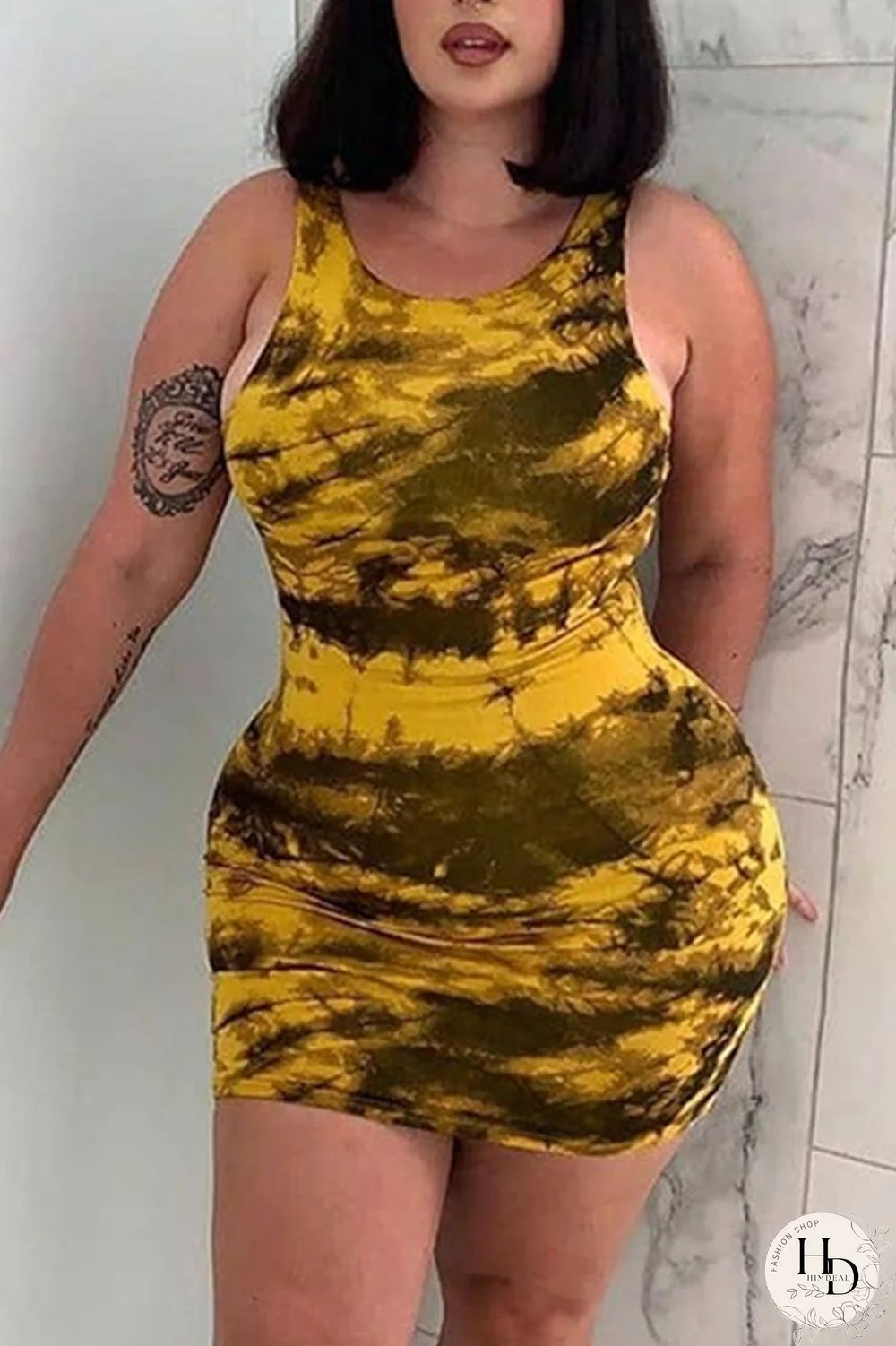 Black Yellow Sexy Print O Neck Pencil Skirt Plus Size