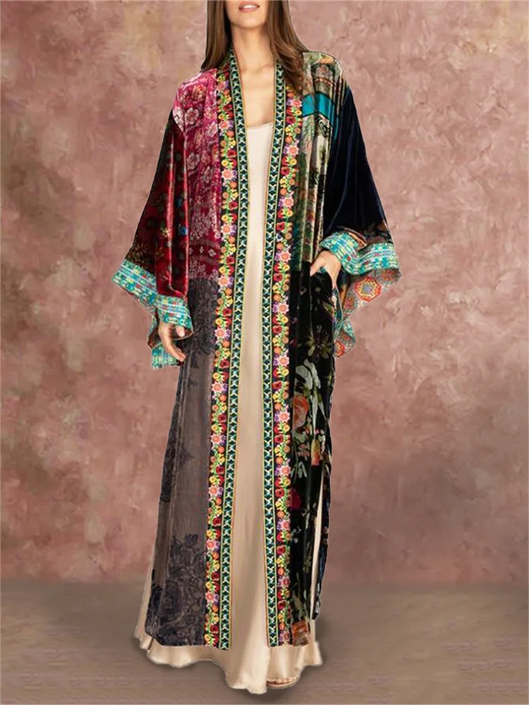 Vintage Boho Pattern Wide Long Sleeve Kimono Velvet Long Cardigan