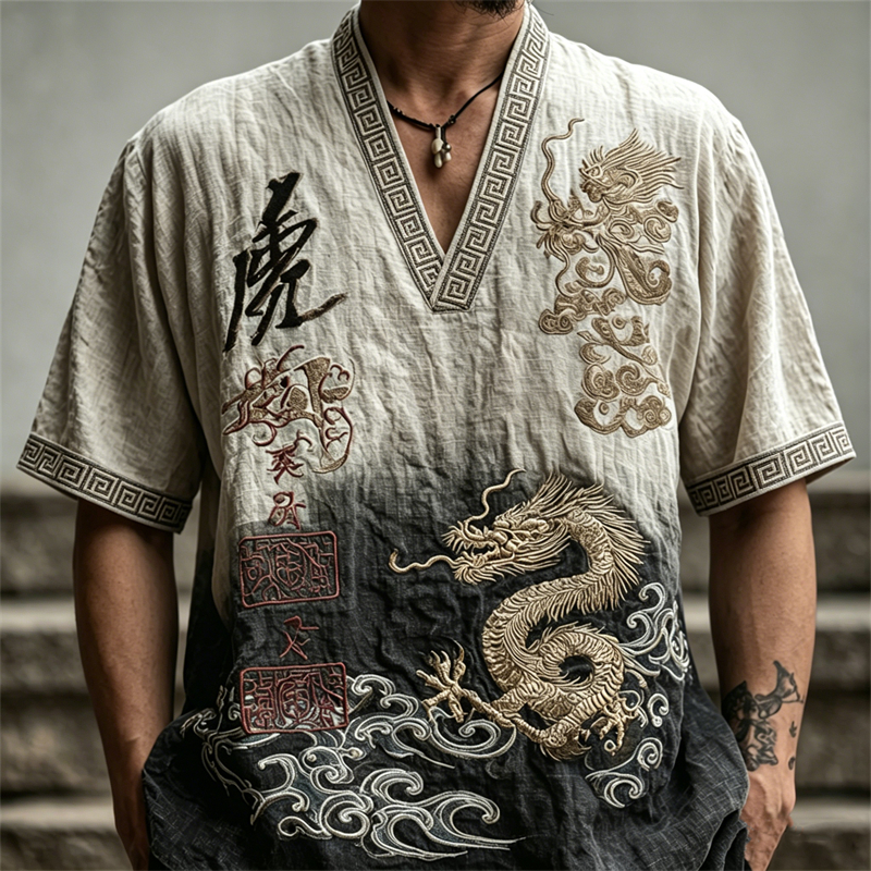 Men's Dragon & Sea Waves Japanese Calligraphy Gradient Linen Shirt elevenforest