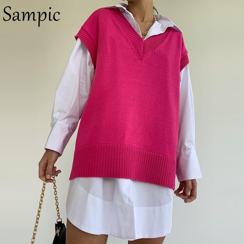 Sampic Knitted Y2K Green Sleevess Sweater Vest Women Tops Jersey 2021 Autumn Winter V Neck Casual Pullover Jumpers Korean Style