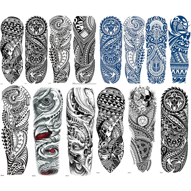 14 Sheets Full Arm Metallic Tribal Design Mechanic Temporary Tattoo Combo
