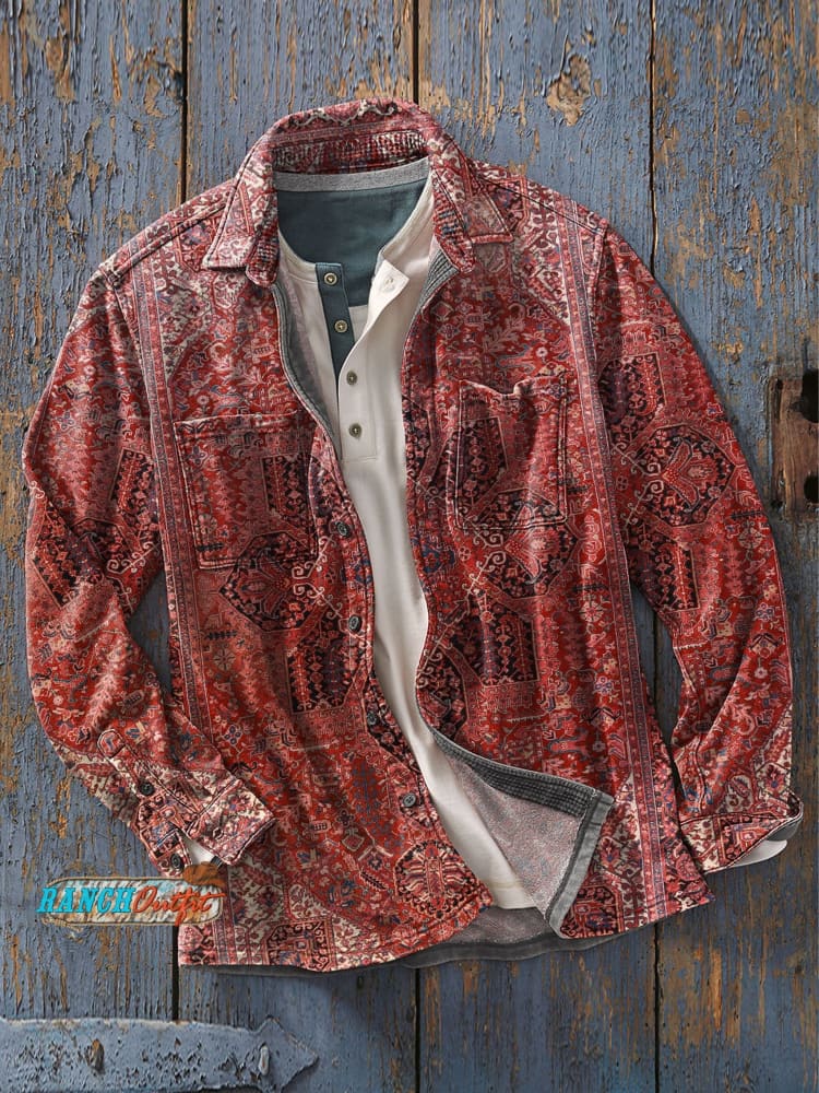 Men’s Vintage Ethic Art Print Casual Long Sleeve Shirt Multicolor / S