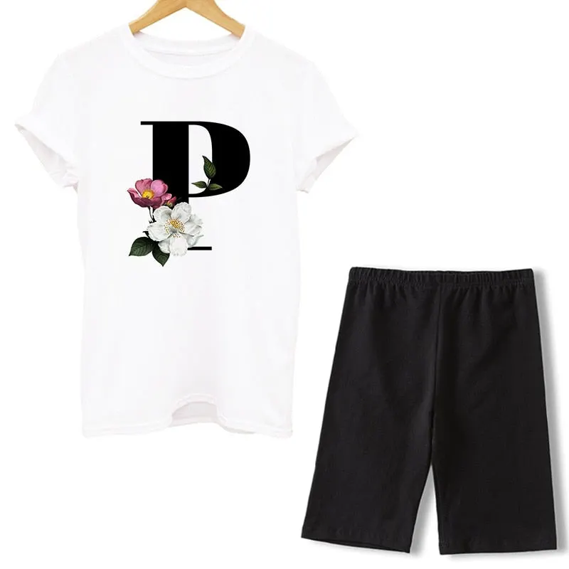 Women Two Piece Set Letter T Shirts And Shorts Sets Summer Short Sleeve O-neck Casual Biker Tracksuit Sexy Outfit For Woman 2