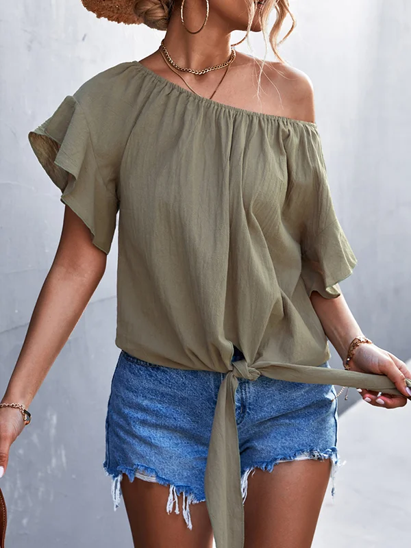 Elasticity Falbala Pleated Solid Color Tied Loose Short Sleeves Round-Neck T-Shirts Tops