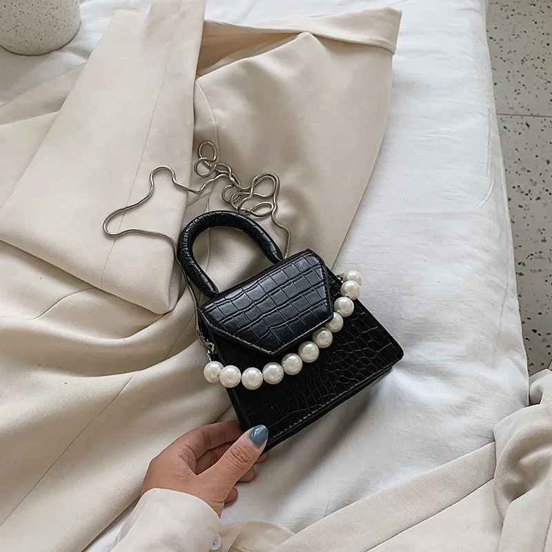 Pearl Handle Super Mini Design PU Leather Shoulder Bags For Women 2022 Crossbody Bag Travel Handbags Stone Pattern