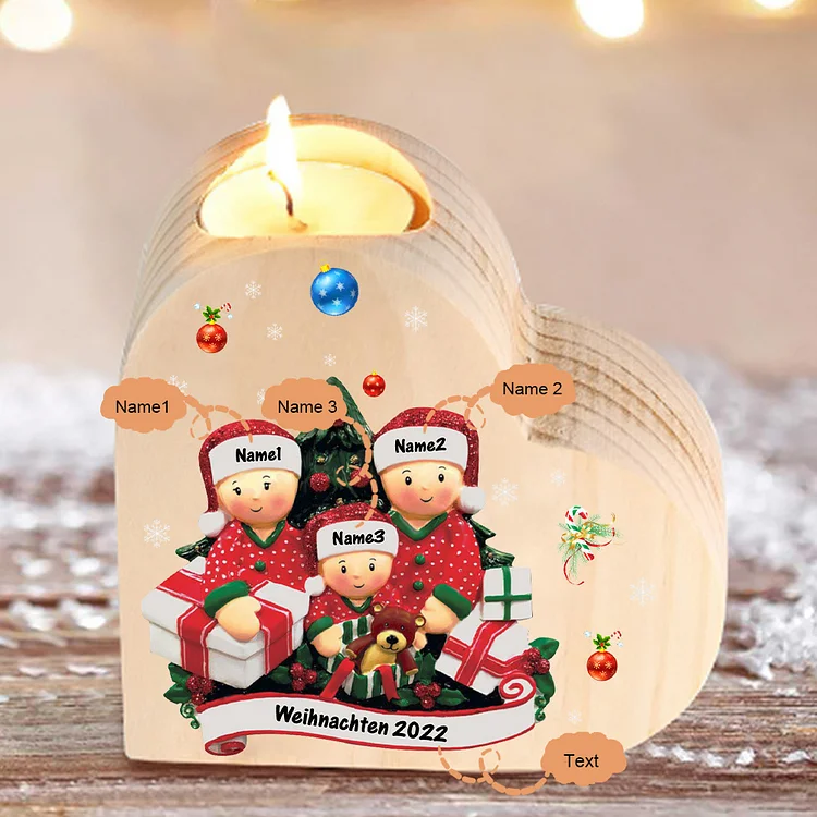 Herzform Kerzenhalter Personalisierte 3 Namen & Text Weihnacht Thema mit 3 Familienmitgliedern