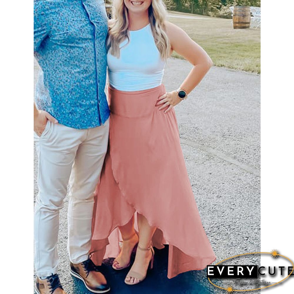 Pink High Low Ruffled Hem Irregular Skirt