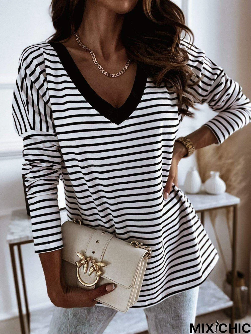 Long Sleeve Shift Work V Neck Shirt & Top