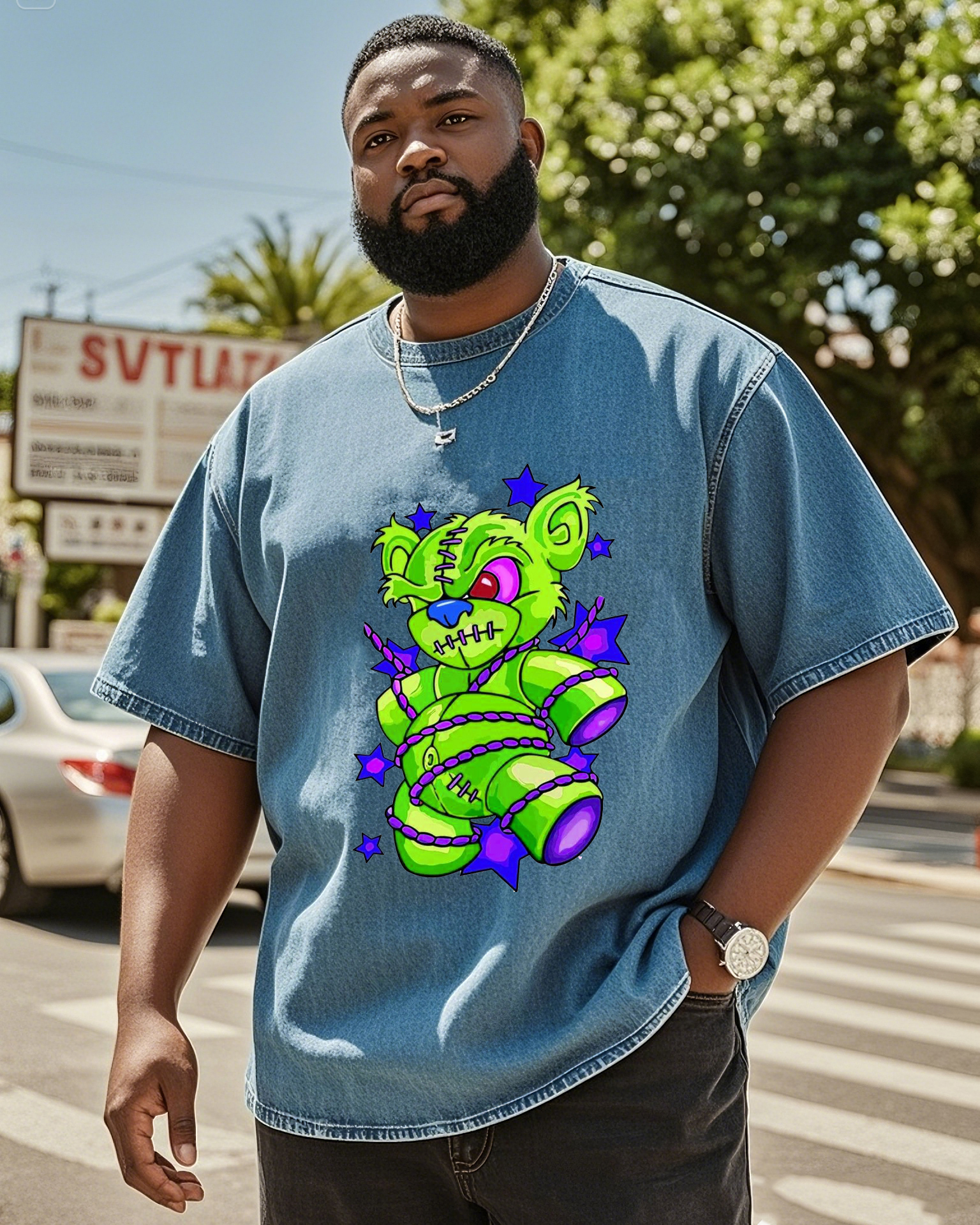 Big & Tall Men's Street Fashion Fluorescent Bick Bear Washed Denim Short Sleeve T-Shirt
