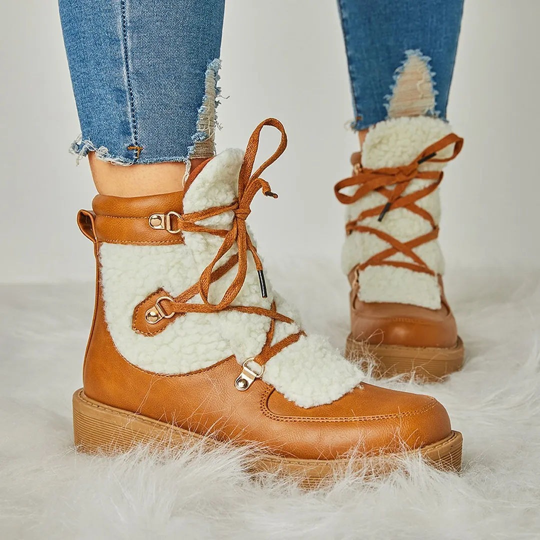 Women Faux Shearling Stiching Lace Up Snow Boots