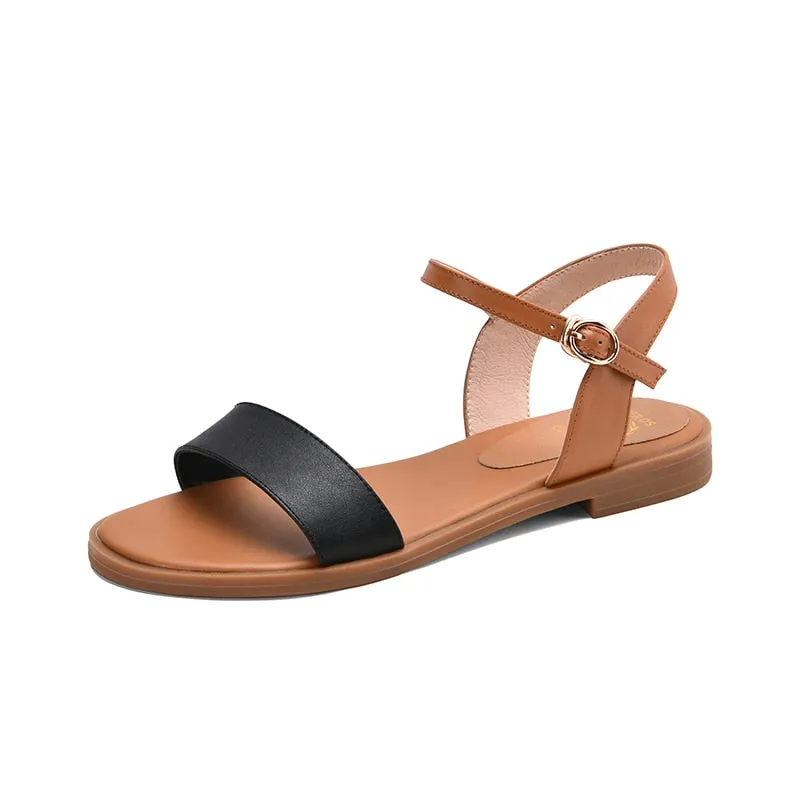 Meotina  Women Shoes Flat Sandals Natural Genuine Leather Buckle Square Heel Shoes Cow Leather Sandals Female 2020 Big Size 43