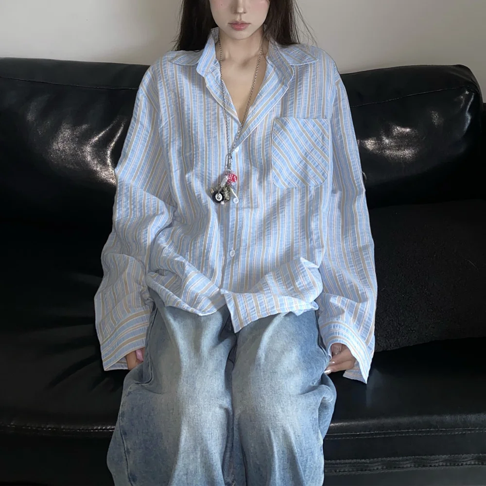 Zingj Zingj Autumn New Lazy Wind Relaxed Striped Shirt Coat Female Loose And Versatile Sunscreen Long-Sleeve Shirt