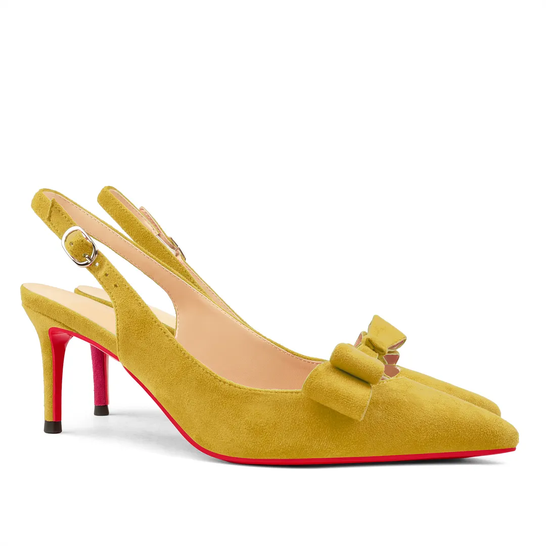 65mm Women's Pointed Toe With Bows Kitten Stillettos Slingback Red Bottoms Prom Suede Sandals-vocosishoes