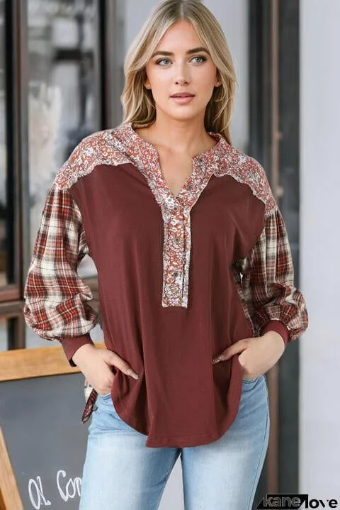 Plaid Notched Neck Slit Blouse