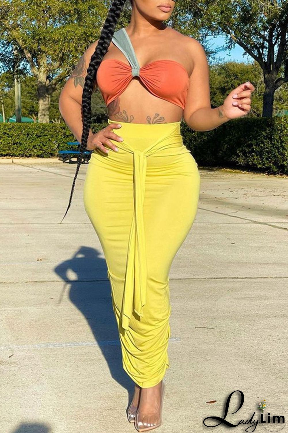 Orange Fashion Sexy Solid Split Joint Backless Strapless Sleeveless Two Pieces