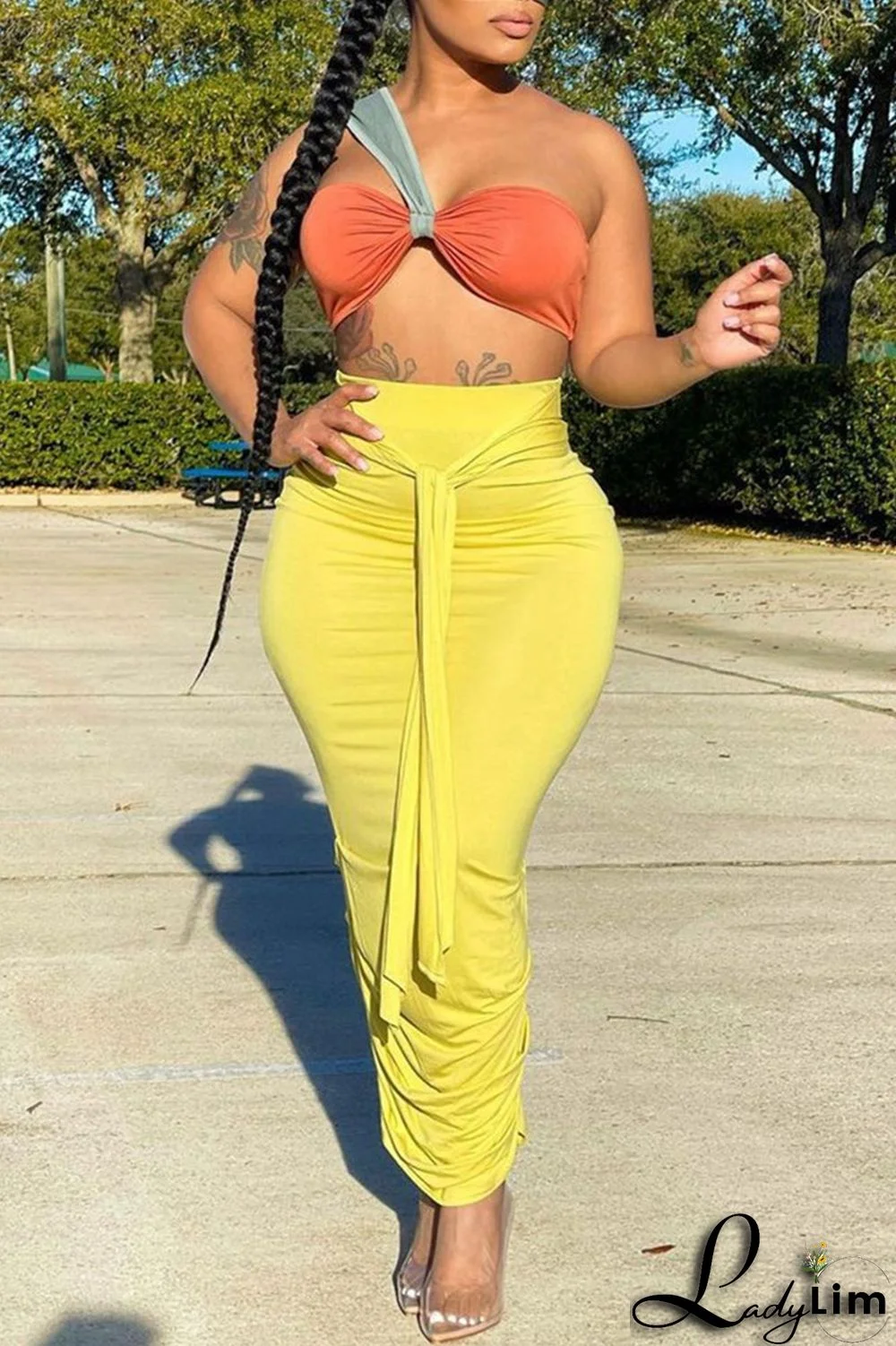 Orange Fashion Sexy Solid Split Joint Backless Strapless Sleeveless Two Pieces