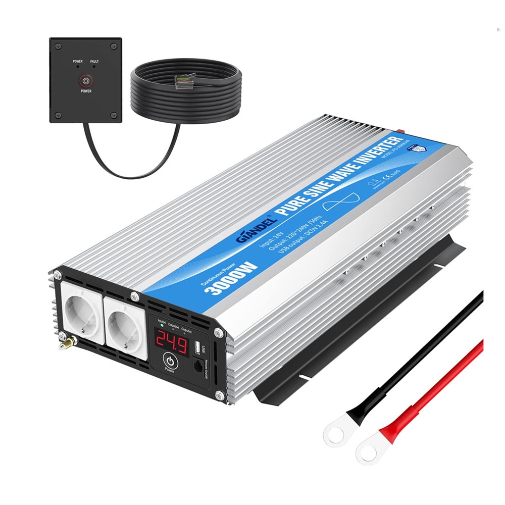 【Gilt für Deutschland 】Gebrauchte Produkte Wechselrichter 24V auf 230V Reiner Sinus 3000W Spannungswandler Umwandler-Inverter Konverter mit Fernbedienung LED-Anzeige 2 EU-Steckdosen & 2.4A USB-Anschluss für Wohnmobil-LKW GIANDEL