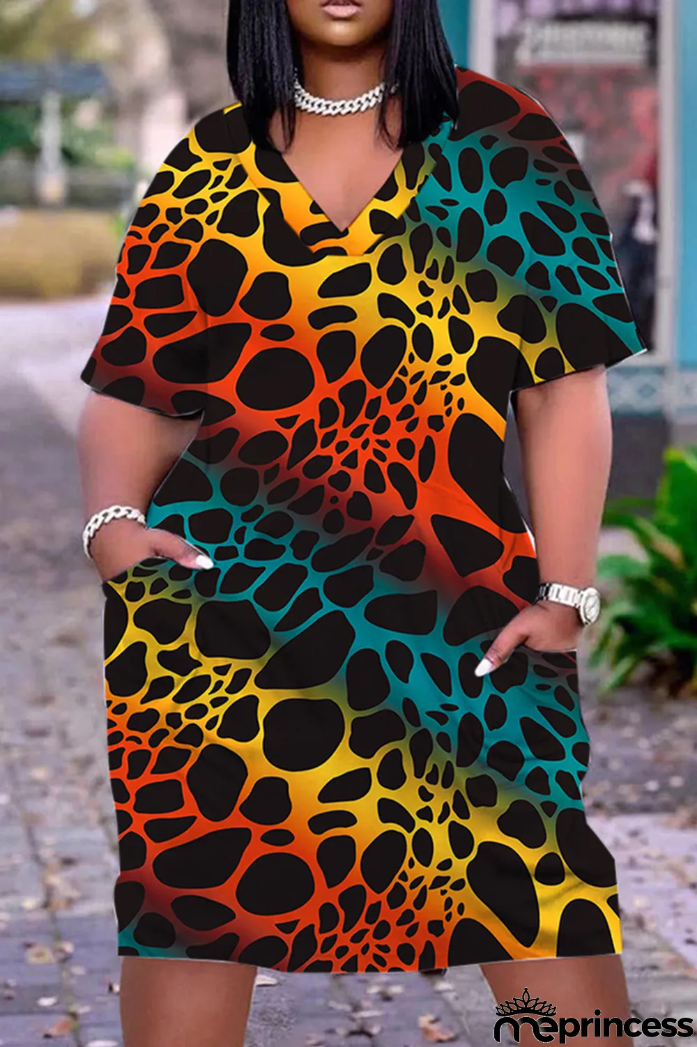 Orange Red Casual Print Patchwork Basic V Neck Short Sleeve Dress