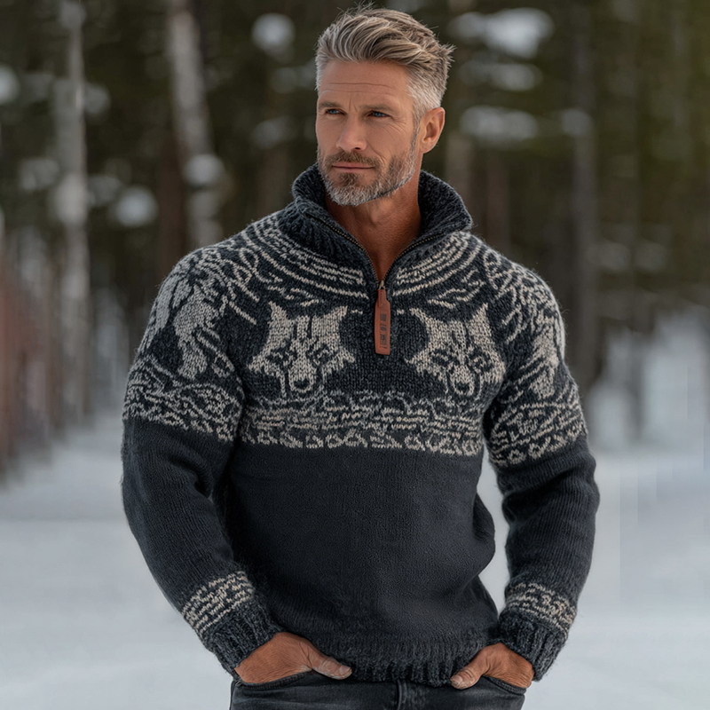Men's Vintage Viking Wolf Pattern Cozy Knit Half Zipped Sweater elevenforest