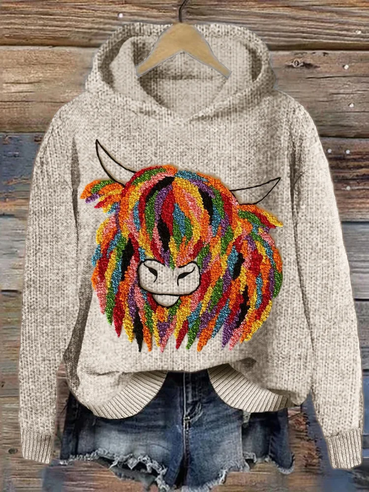 Wearshes Colorful Highland Cow Embroidery Art Cozy Knit Hoodie
