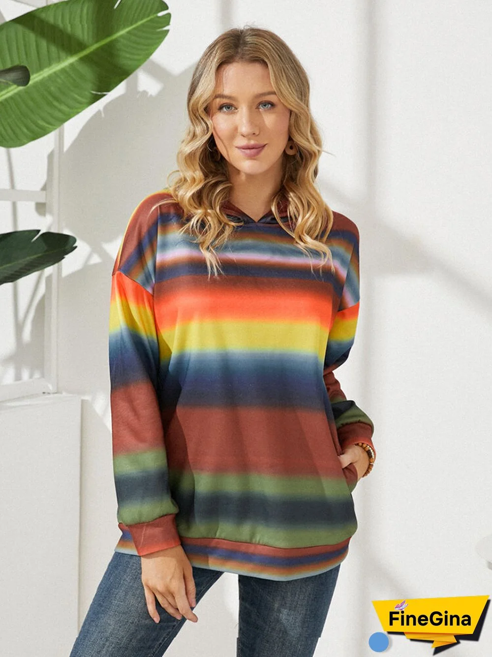 Contrast Color Striped Tie-dyed Long Sleeve Casual Hoodie for Women