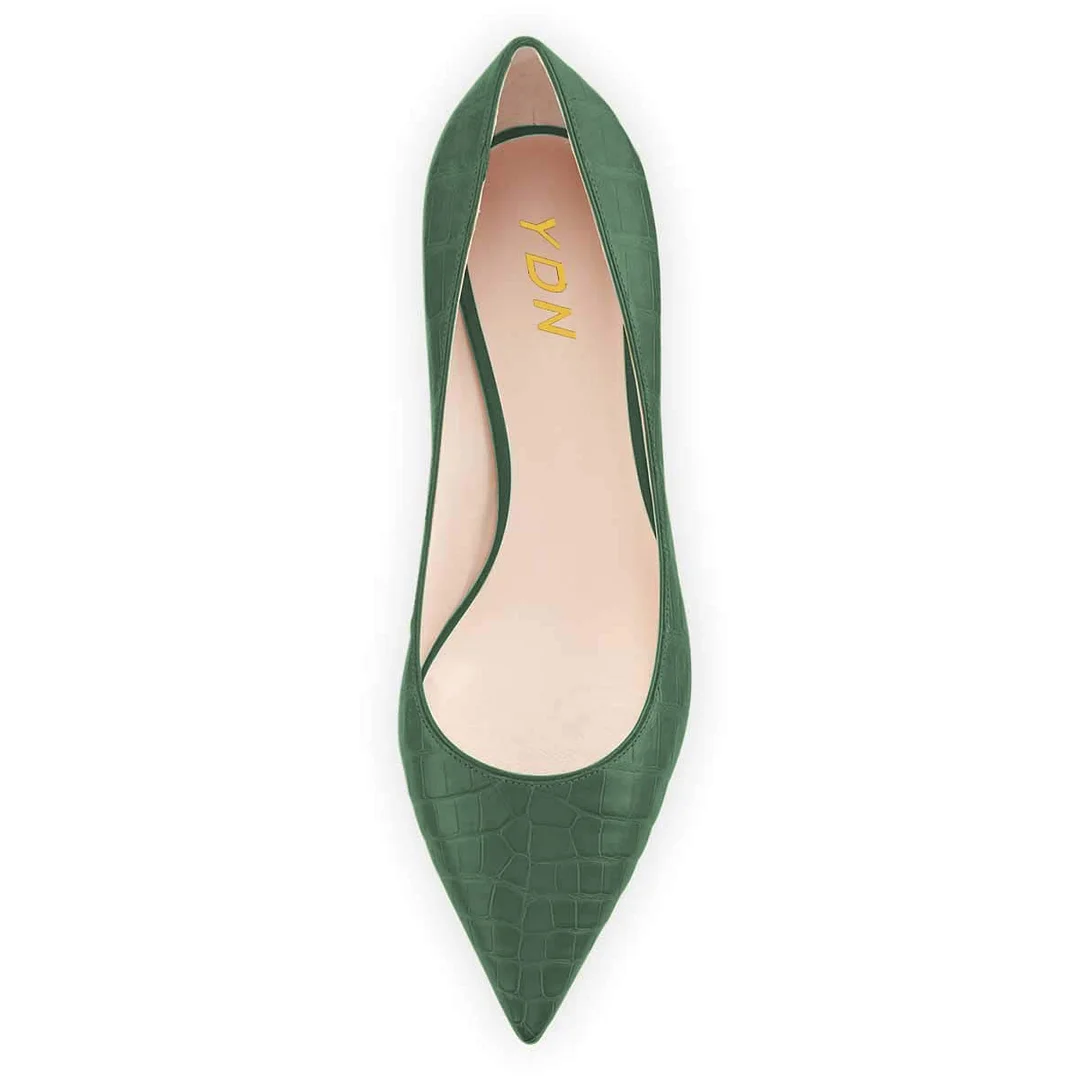 Green Vegan Leather Croc-Embossed Pointed Pumps for Elegant Ladies  